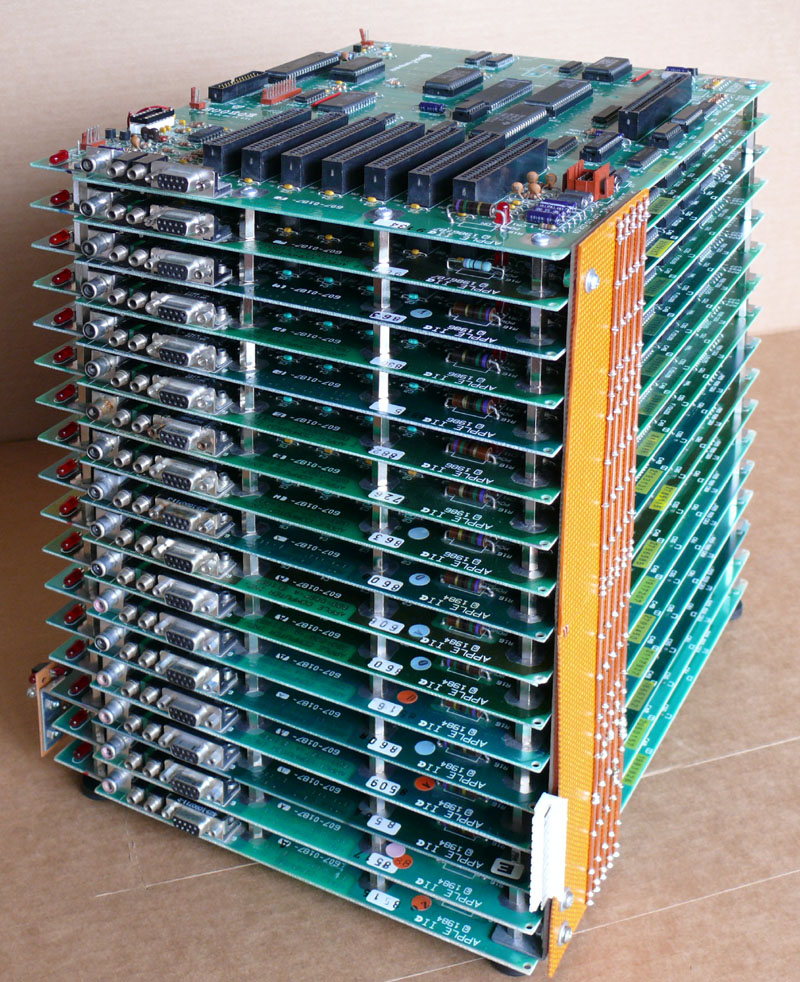 A tower of 16 networked Apple II computers