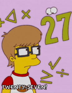 Simpsons drawing of the number 27 talking to a nerd