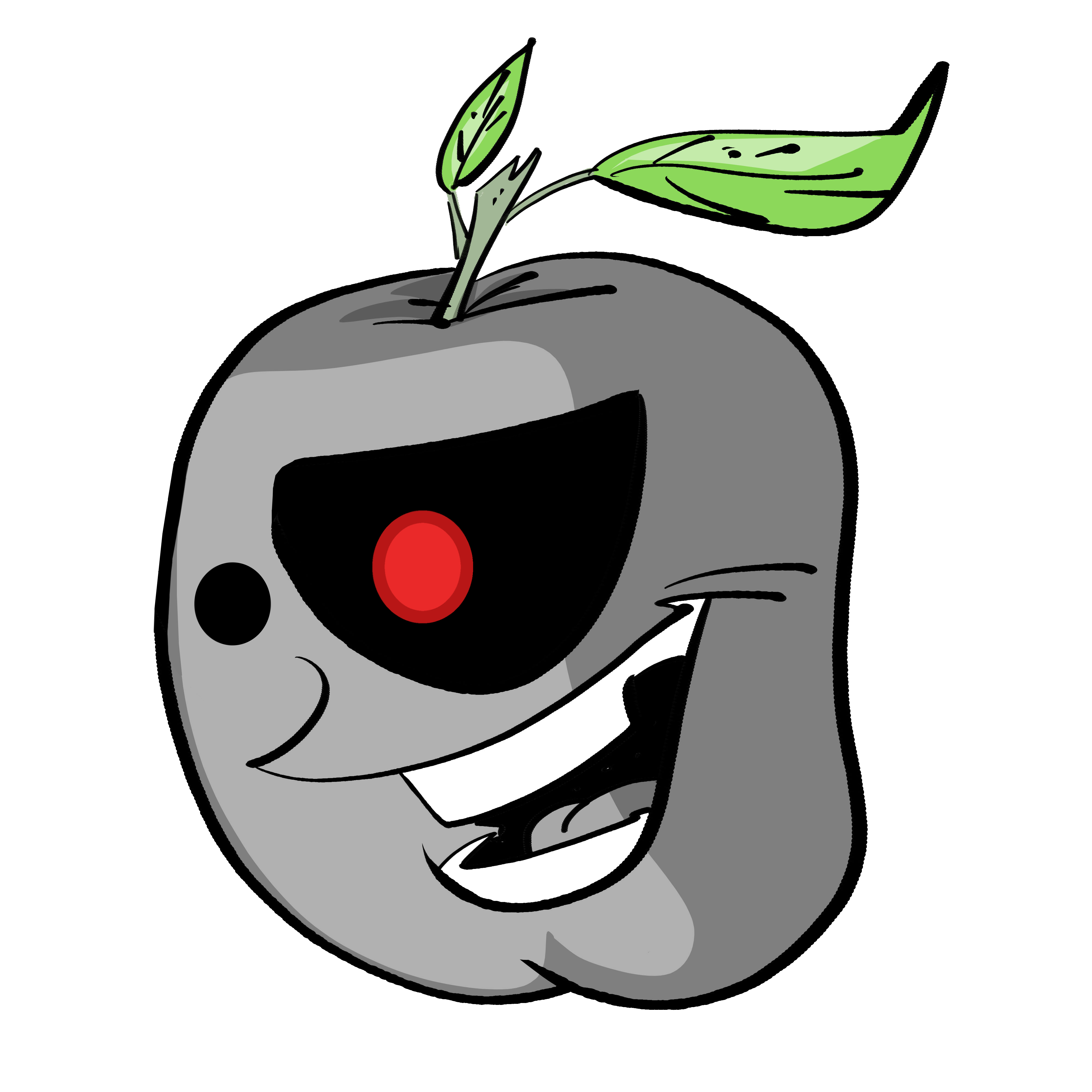The traditional Juiced.GS smiling apple logo, except the apple is gray and has a red eye over a black eyeplate, like the Borg from Star Trek